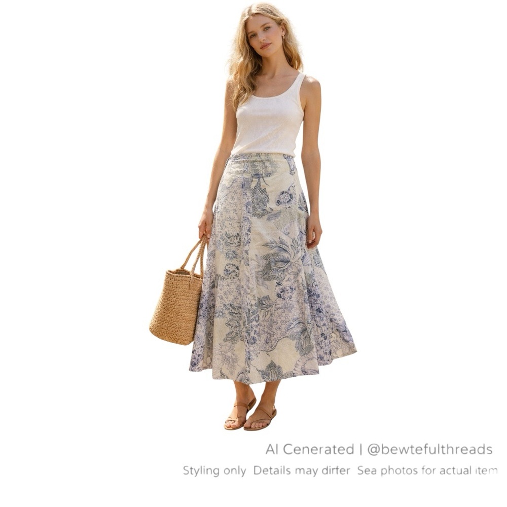 Romantic Cottagecore Floral Cotton Midi Skirt Lapis Blue Toile M